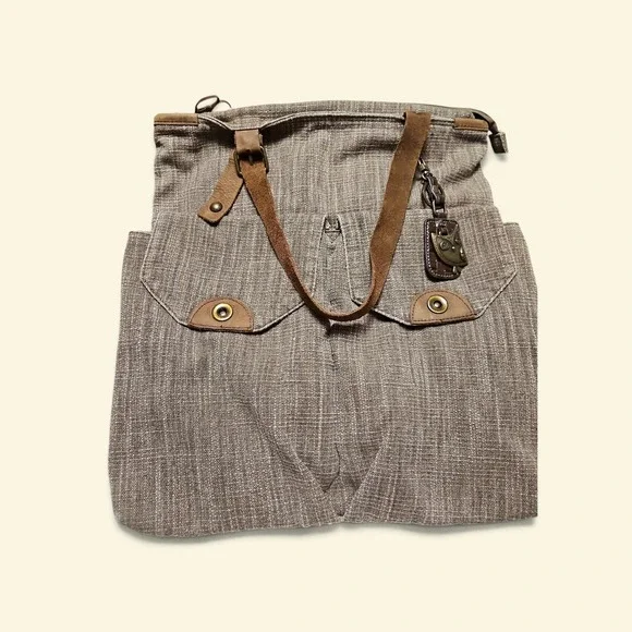 Brown Woven Boho Tote Bag Owl Keychain Multi Pocket Shoulder Bag Green Lining