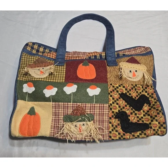 Handmade Autumn Patchwork Medium Tote Bag Fall Festive Halloween Purse See Pics