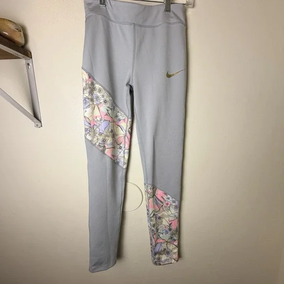 Nike Dri-FIT One Big Girls' Purple Gray Flowers Leggings XL Athletic Gym Yoga
