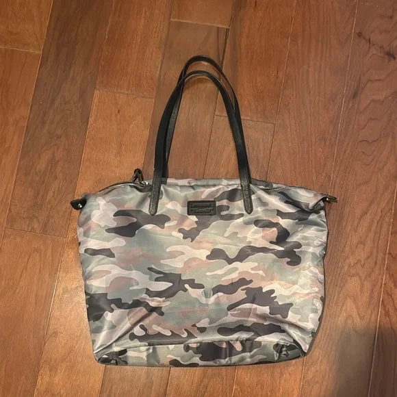 Rebecca Minkoff camouflage camo tote brown leather handles green brown pattern