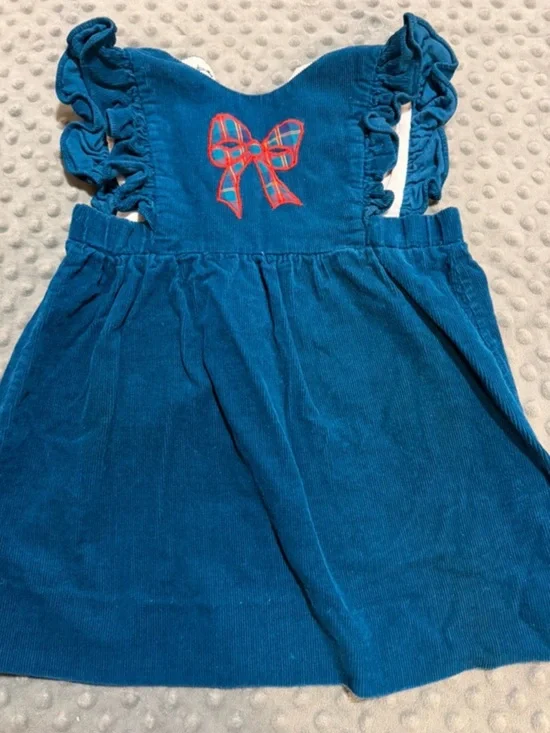 Vintage Girls Blue Corduroy Bow Jumper Dress