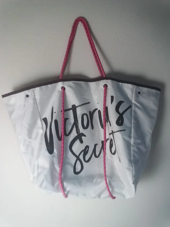 Victoria's Secret White Tote with Bungee Cord Pink Rope Handles