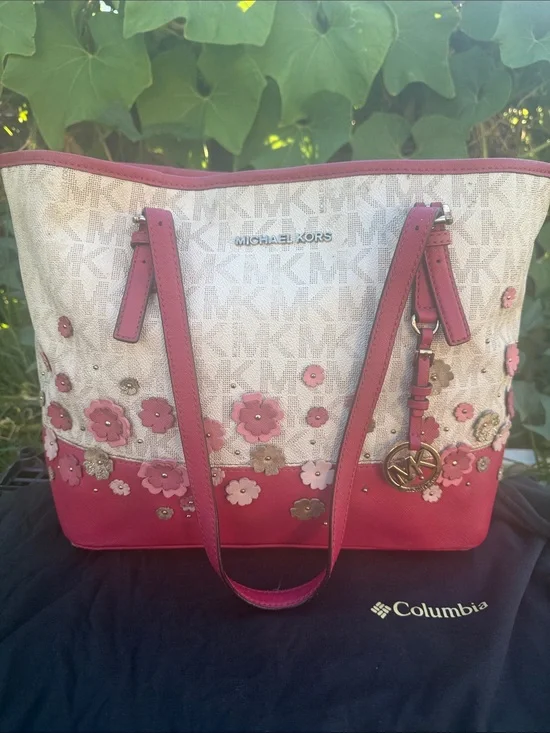 Michael Kors Pink and White Floral Appliqué Tote