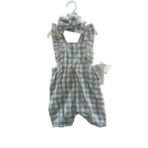 NWT‎ Emily and Oliver Baby Girls Blue Gingham Romper and Headband Set 18 Months