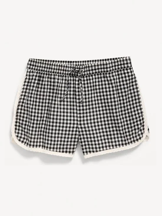 Old Navy Girl’s Gingham Cotton Woven Poplin Lace-Trim Shorts (Black Gingham)