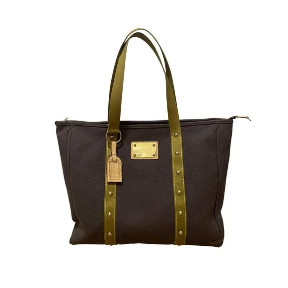 Louis Vuitton Antigua Cabas MM Tote Bag Brown Canvas Olive Green Studded SP0026