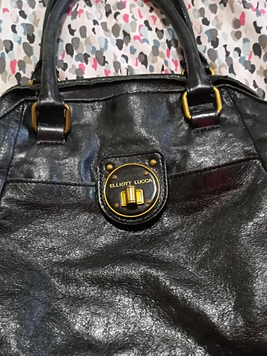 Elliott Lucca Black Leather Tote with Gold-Tone Accents