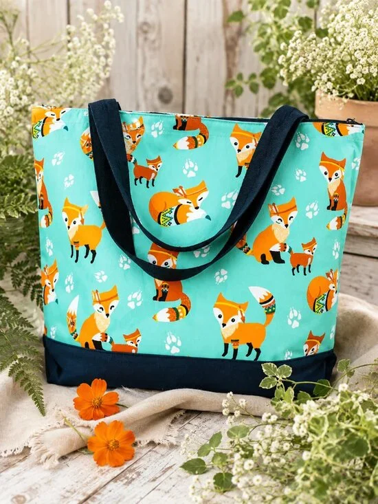 Whimsical Fox Print Tote Bag Aqua Orange Woodland Animal Navy Handles NWT