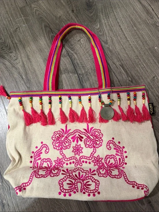 Boho Embroidered Canvas Tote Bag - Pink