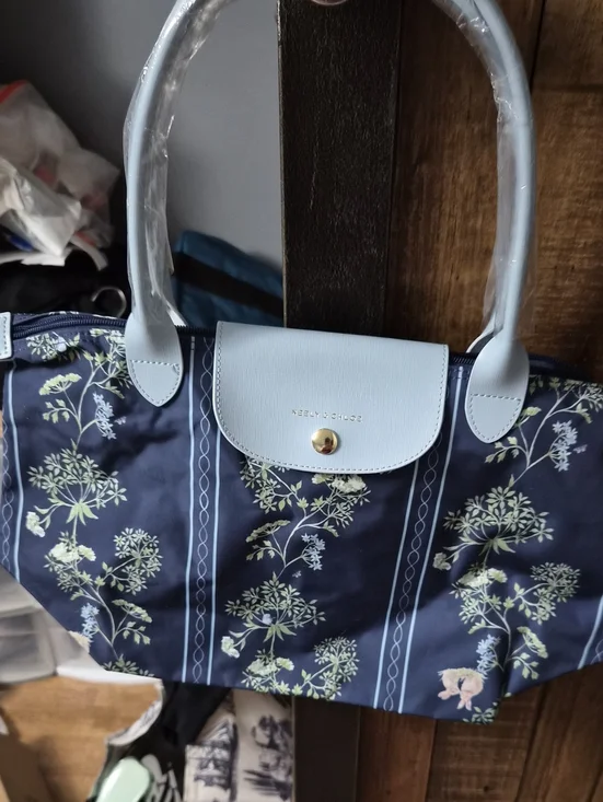 Navy Floral Tote with Light Blue Trim - Women’s Everyday Shoulder Bag