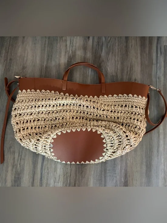 Anthropologie Beige raffia Woven & Brown Leather Tote