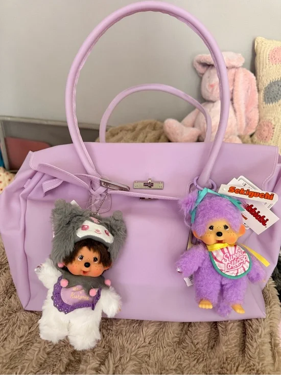 Jelly Firkin Birkin Lilac Tote Bag with Plush Charm - Women Bags