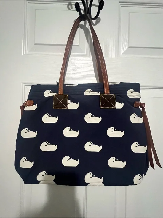 Dooney & Bourke Navy Tote with White Duck Print and Brown Leather Straps