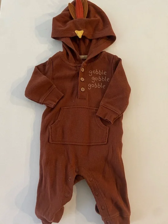 Carters Baby 3M Thanksgiving Turkey Hooded Waffle‎ Knit Jumpsuit Brown Romper