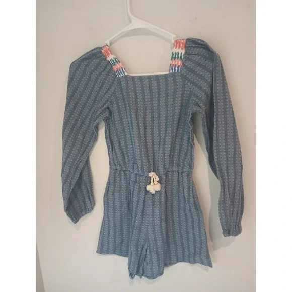 Art Class Girls Medium 7/8 Romper Blue Long Sleeve Embroidered Shoulder Tassel