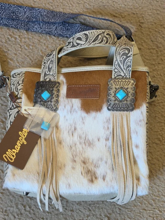 Wrangler Tan and White Haircalf Fringe Tote with Turquoise Concho Accents