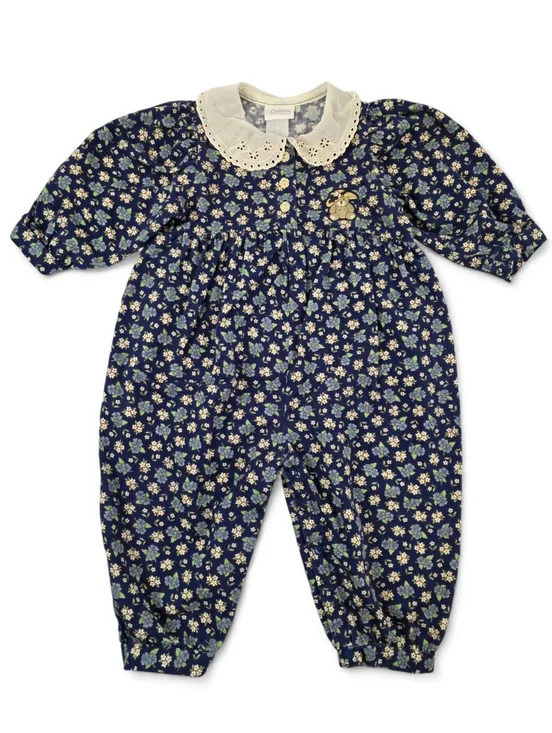 Carter’s Baby Floral Romper Peter Pan Collar Embroidery Bear Vtg 90s Cottagecore