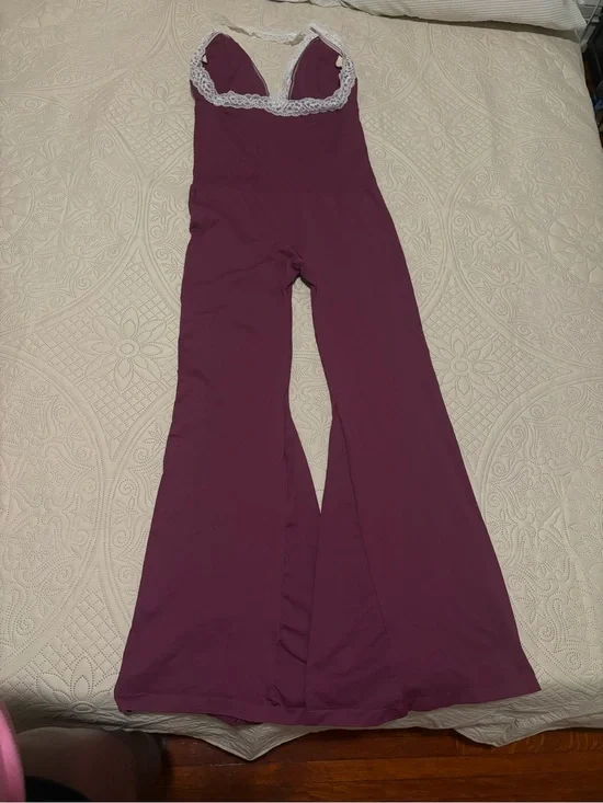 Girls' Plum Lace-Trim Flared Jumpsuit
