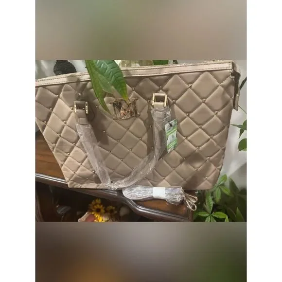 Badgley Mischka Quilted Tote in Taupe Brown with Gold Hardware