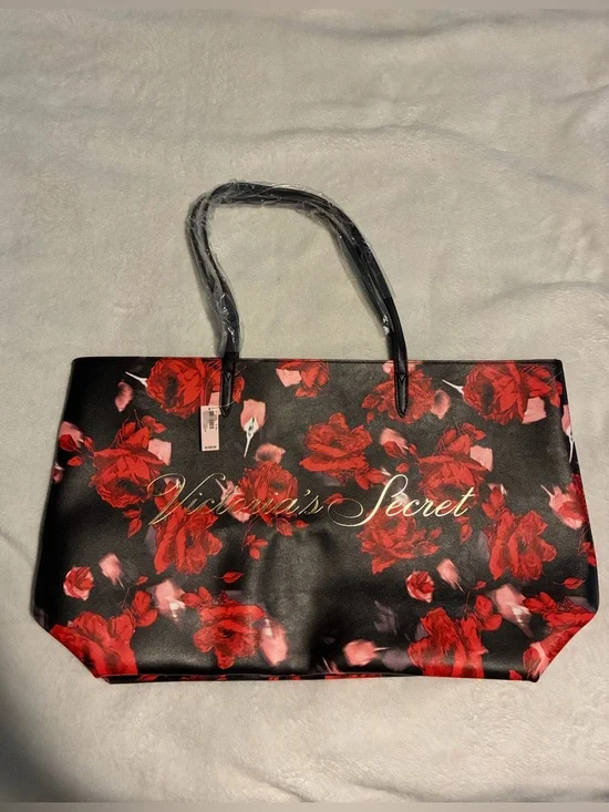 Victoria's Secret Black Red Rose Floral Large Tote Bag NWT