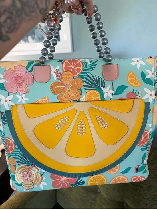 Loungefly Citrus Slice Tote in Yellow and Aqua with Pearl Accents