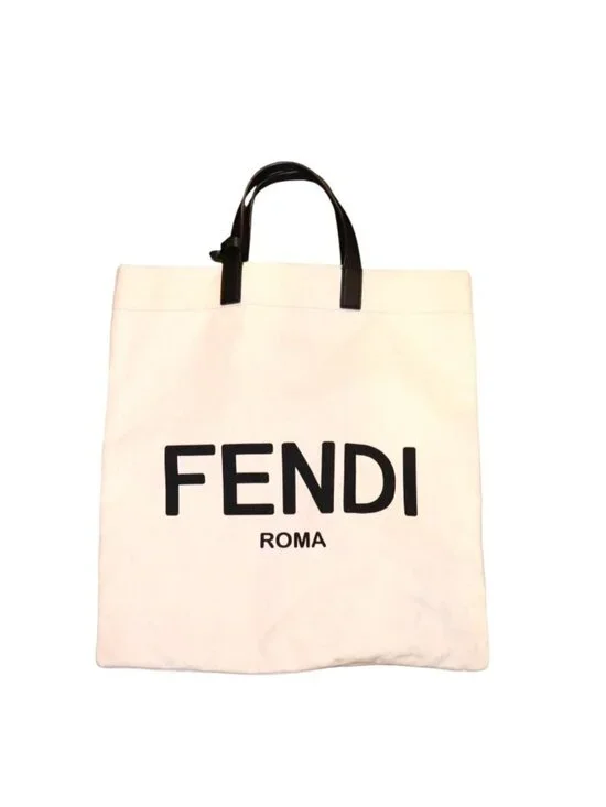 Fendi Roma Canvas Tote Bag With Black Leather Handles And Tag Made In Italy