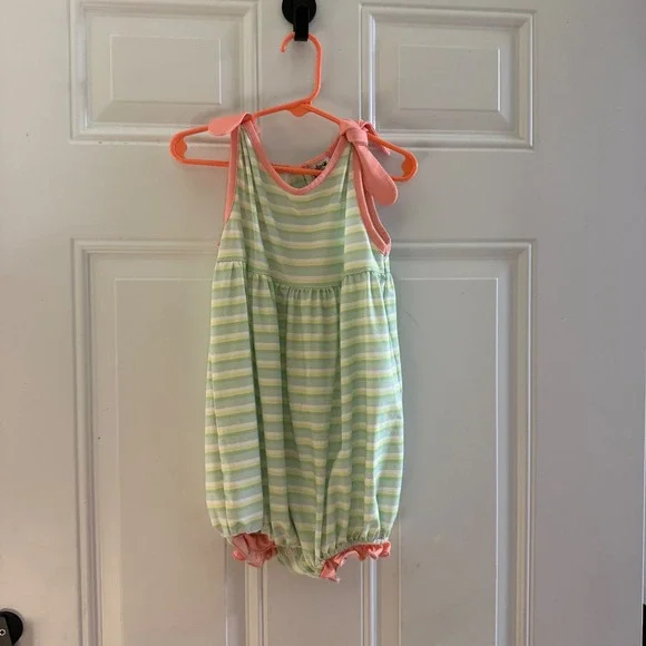 Saving Grace Smocks Girls Green Striped Tie Shoulder Bubble Romper Size 5