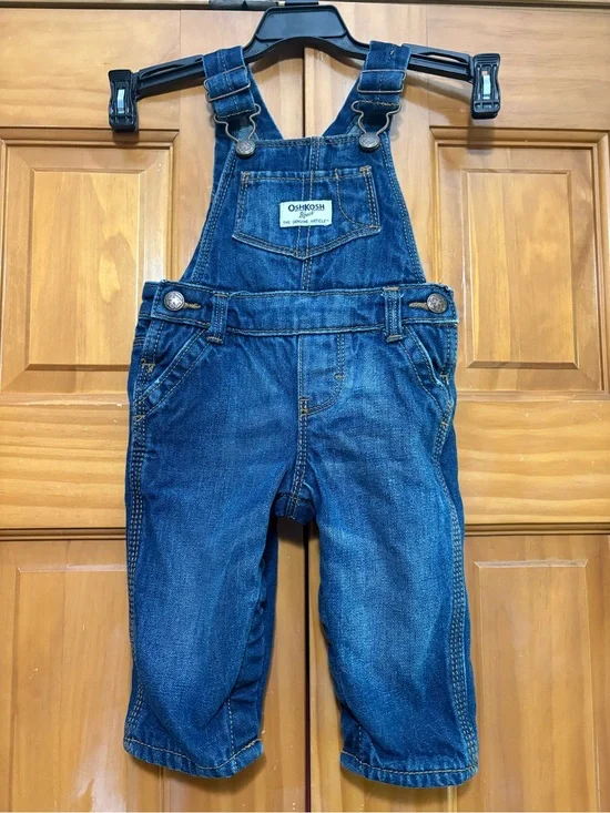 OshKosh B'gosh Flannel Lined Blue Denim Overalls for Baby GirlSize 6 Months EUC