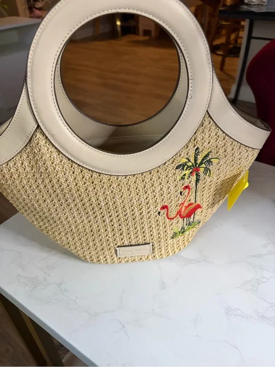Tommy Bahama Neutral Straw Tote with Pink Flamingo Embroidery