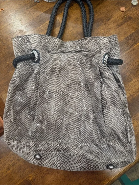 Judith Ripka Gray Snake-Print Tote with Braided Black Handles