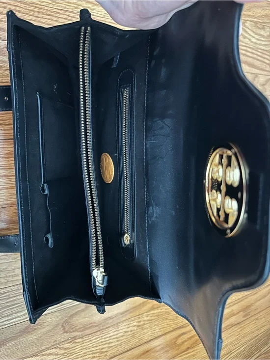 Tory Burch Black Leather Tote with Gold Logo Detail