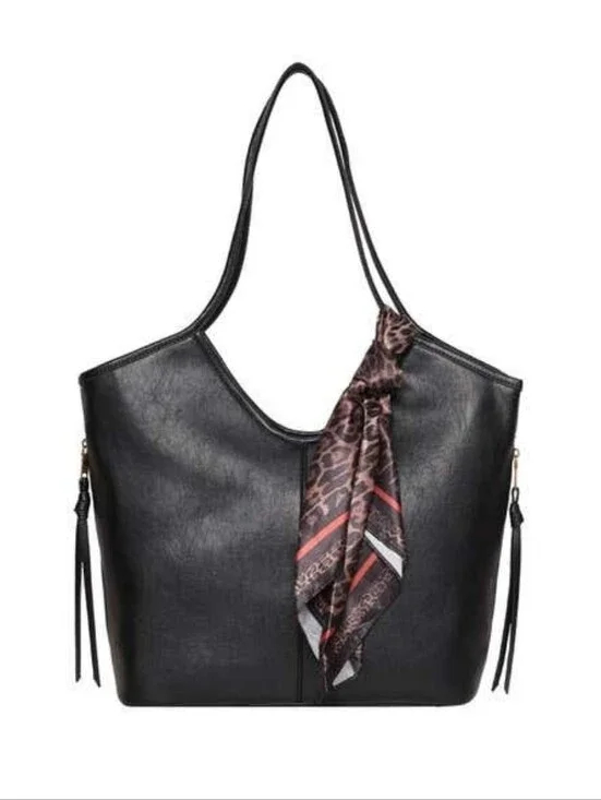 Steve Madden Black Tote with Patterned Scarf Accent
