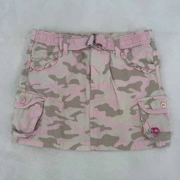 Wonder Kids Girls Pink Camo Cargo Skirt Size 4T 2000s Y2K Ruffle Floral Belted