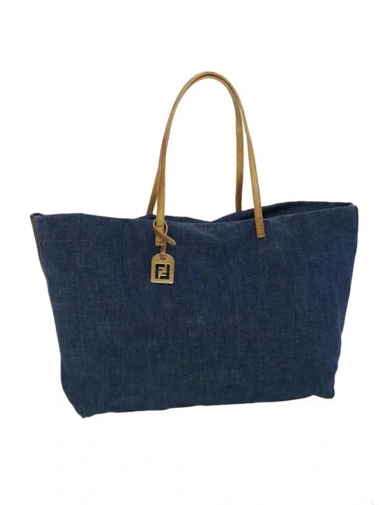 Auth NEW Fendi Dark Blue Denim Tote LIZARD Exotic Tab Leather Straps Large Linen