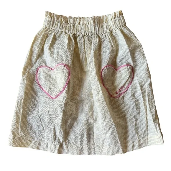 Bonton Girls 12 Skirt Yellow Seersucker Pink Heart Pockets Elastic Stretch Waist