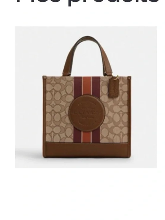 Coach Tan Signature Stripe Small Tote with Burgundy and Orange Center Stripe