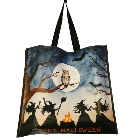 Halloween Witch Witches Cauldron Owl Trees Bats Broom Full Moon Bag TJMaxx New