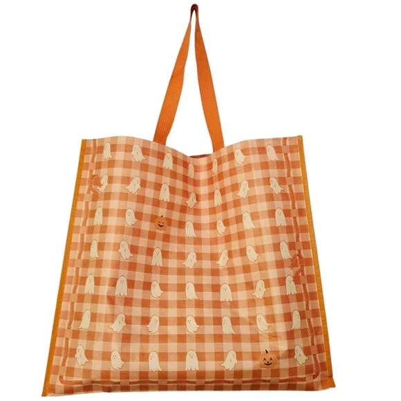 Halloween Ghosts Pumpkins Gingham Orange Ribbon Cream Shopping Bag TJMaxx New
