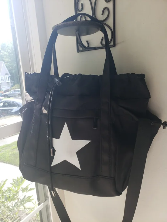 NWOT Black Nylon Star Tote Crossbody Bag Drawstring Travel Gym Purse