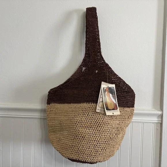 Vtg Helen Kaminski Australia Raffia Hobo Bag Two Tone Natural Straw Beach NWT
