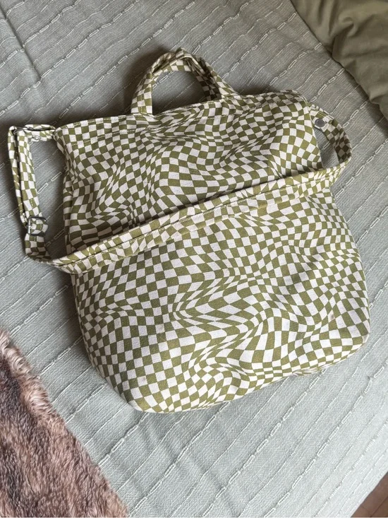 Olive Green Checkerboard Canvas Tote Bag by Baggi