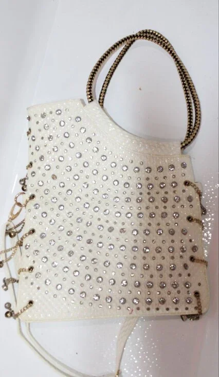 Ivory Rhinestone-Embellished Tote with Chain Handles