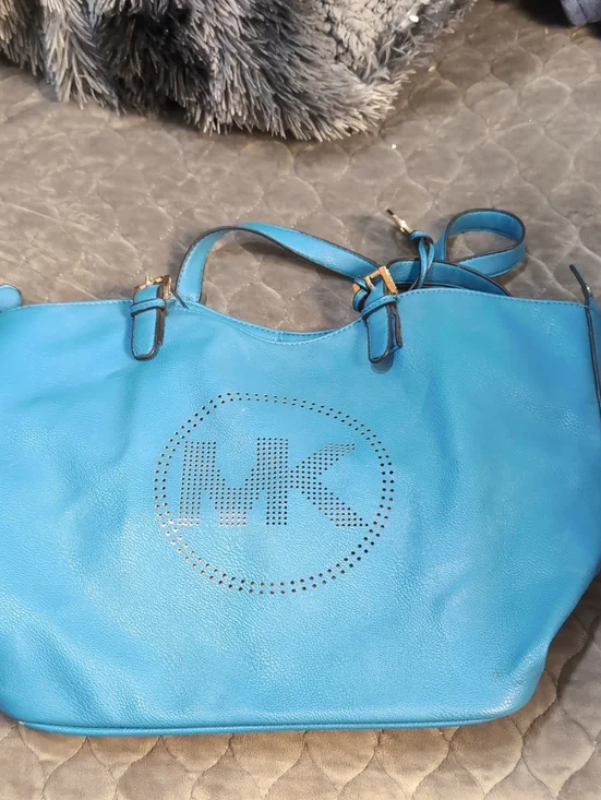Michael Kors Teal Blue Perforated MK Leather Tote