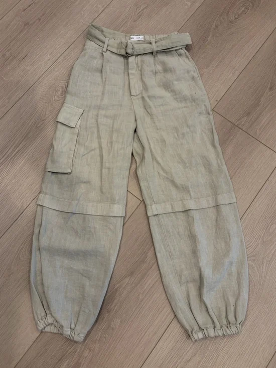 Zara Girls Belted Linen Cargo Pants in Light Beige