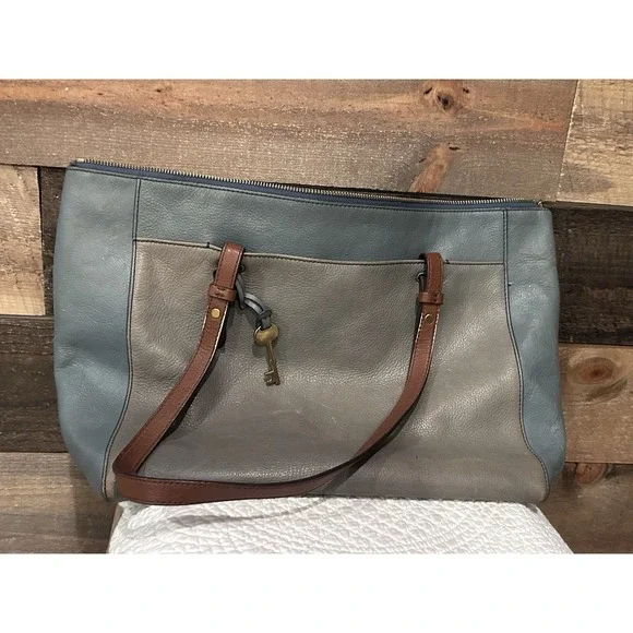Fossil Women's Rachel Leather Tote‎ Bag Purse Handbag Blue/gray
