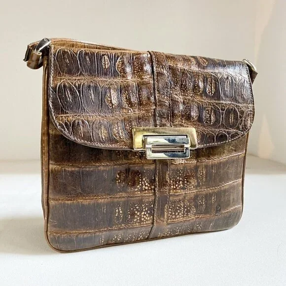 Vintage 50s 60s Faux Croc Skin Brown Square Handbag