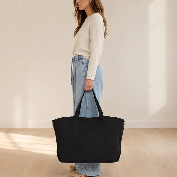 Free Assembly Black Canvas Tote Bag with Striped Crossbody Strap NWT