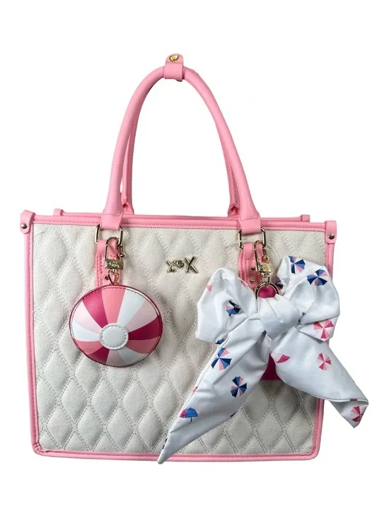 Betsey Johnson White Quilted Tote with Pink Trim and Bow Accent