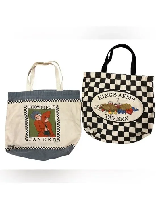 2PC 80s WILLIAMSBURG CWF COTTON TOTE WHIMSY CHOWNINGS TAVERN & KINGS ARMS TAVERN