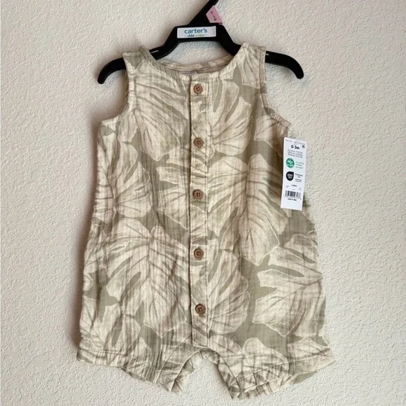 Carter's Baby Cotton Beige Leaf Print Button Romper size 0/3M-NWT